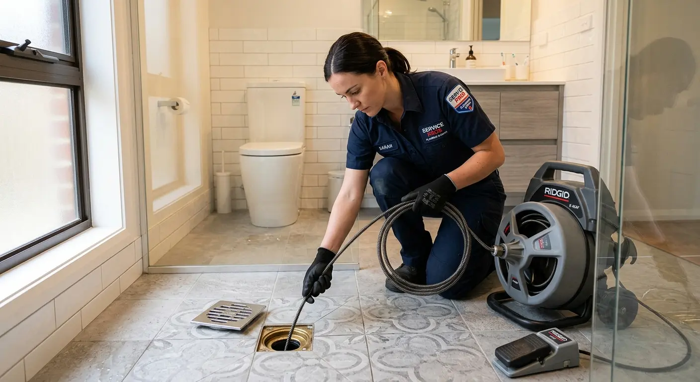 Technician clearing a bathroom floor drain for Sewer Line Installation in Lewisburg